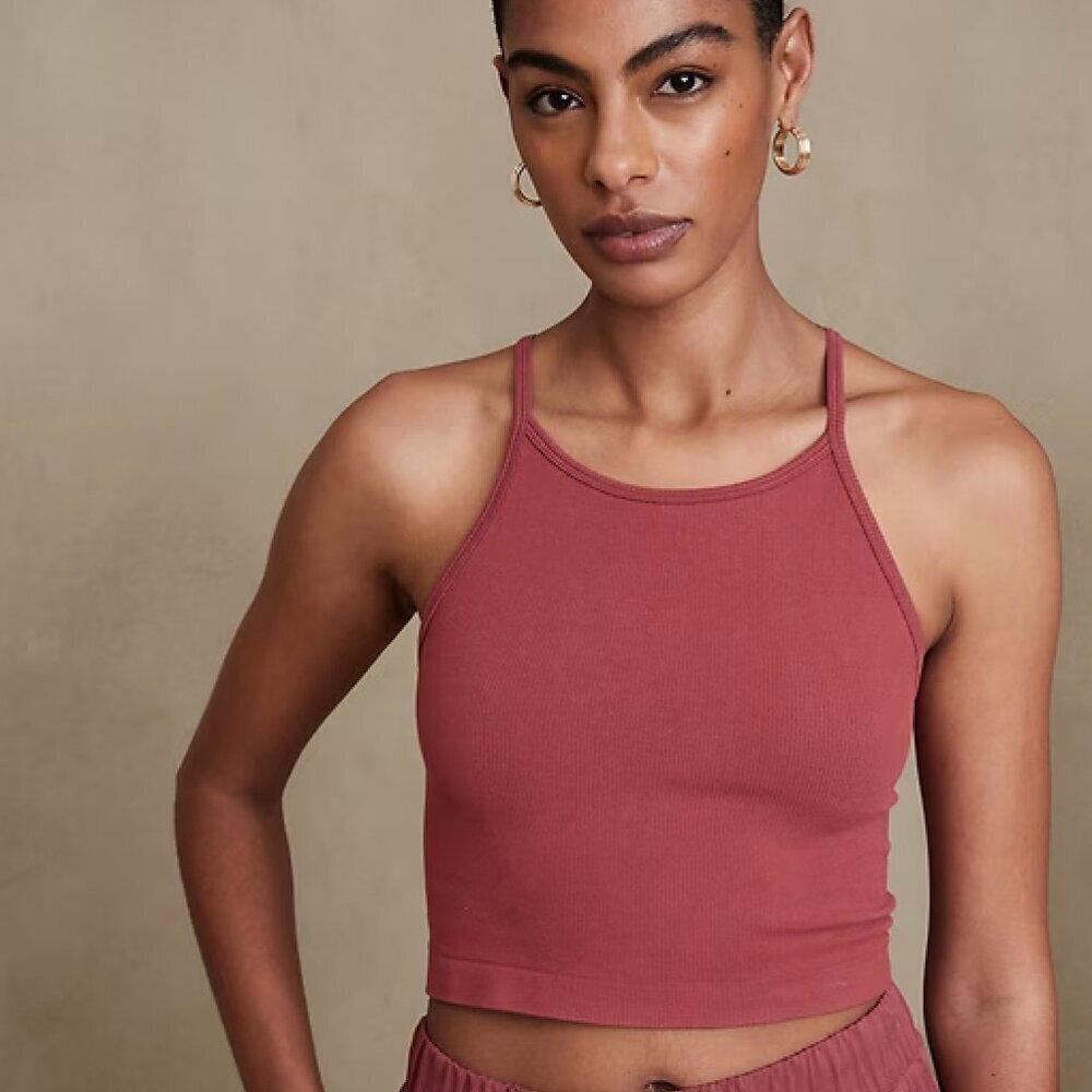 Banana Republic | NWOT Seamless Ribbed Halter Crop Tank Top in Black Size Large - Picture 9 of 9